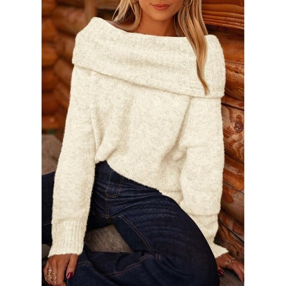 PRETTYGARDEN Women's Sweaters Fall Off The Shoulder Beige White Long Sleeve Top - Picture 5 of 8